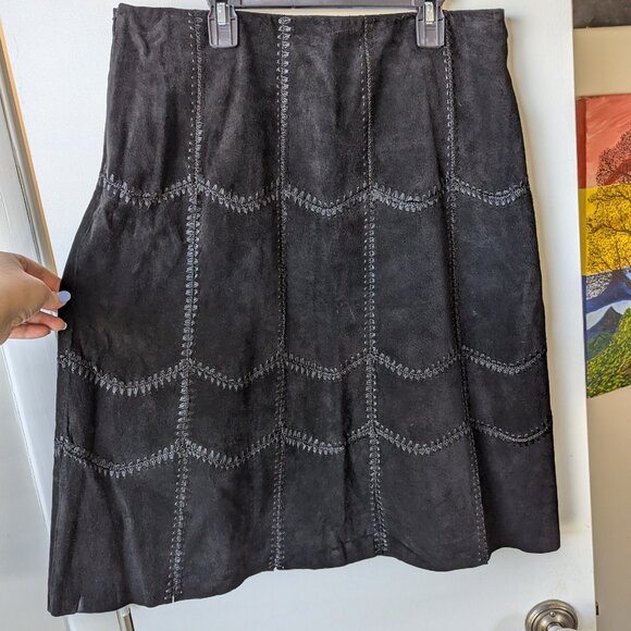 AREA Black Leather Skirt with Patch Stitching Size 12 - Picture 7 of 14